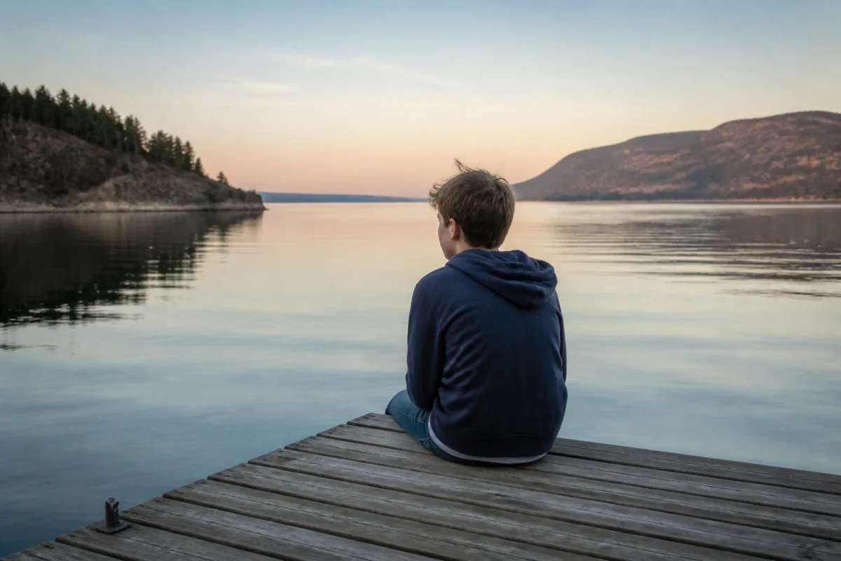En ungdom som sitter ved en stille fjord